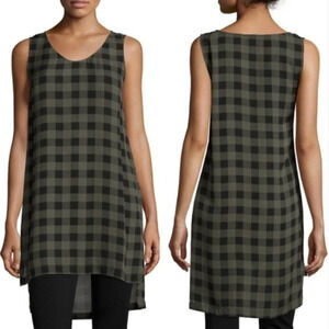 NWOT Eileen Fisher Scoop Neck Plaid Print Silk Tunic Olive Black Minimalist XS